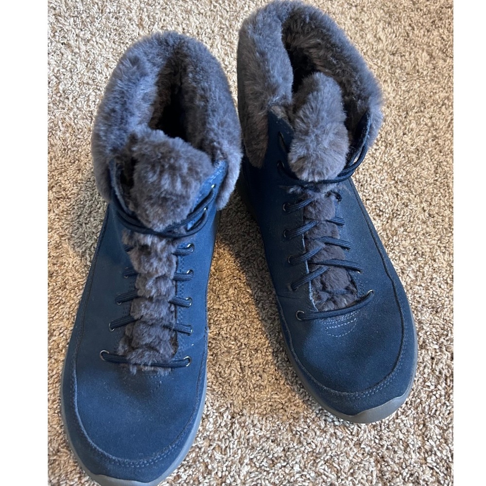 Skechers On-the-GO City 2 Bundle Navy Blue Suede Faux Fur Boots 14611 Womens 9